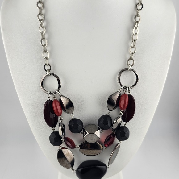 Lane Bryant Red And Black Bead Layered Bib Necklace - Picture 1 of 6